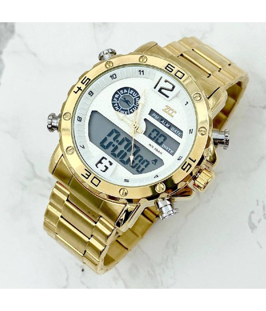 Orologio Polso Zcc Uomo Acciaio Dual Time Data Allarme Impermeabile Dorato Bianco         