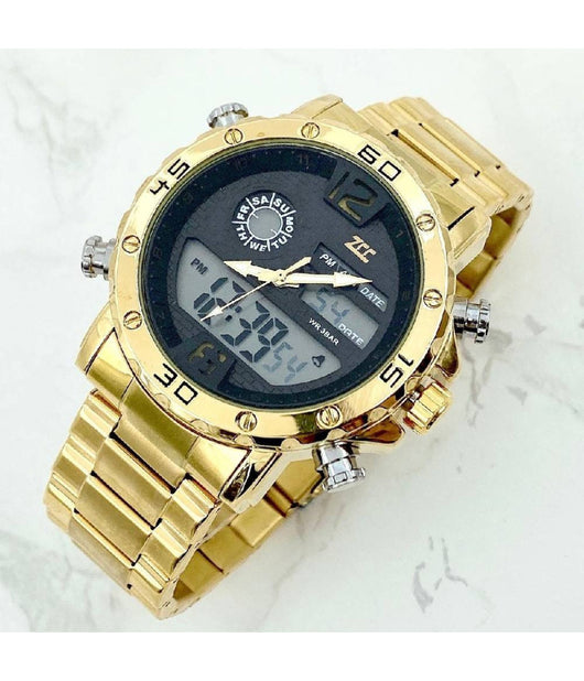 Orologio Polso Zcc Uomo Acciaio Dual Time Data Allarme Impermeabile Dorato Nero         