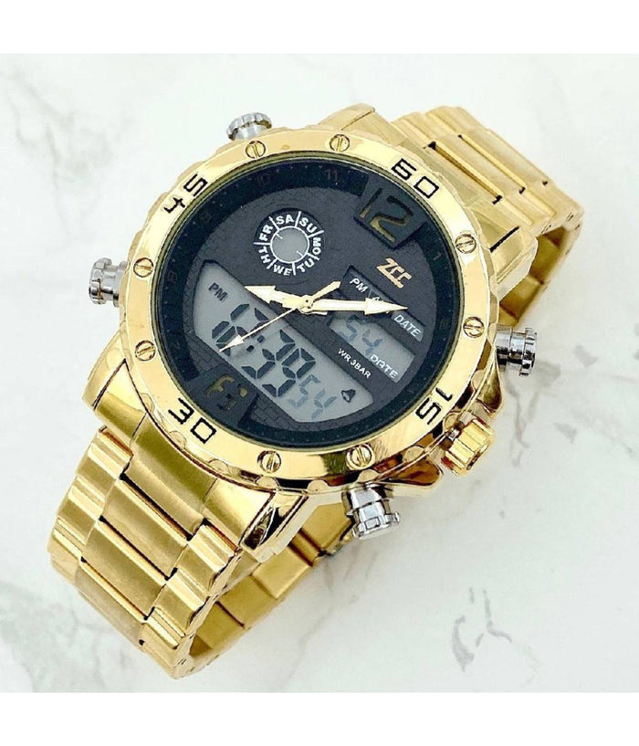 Orologio Polso Zcc Uomo Acciaio Dual Time Data Allarme Impermeabile Dorato Nero         