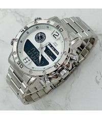 Orologio Polso Zcc Uomo Acciaio Dual Time Data Allarme Impermeabile Silver Bianco         