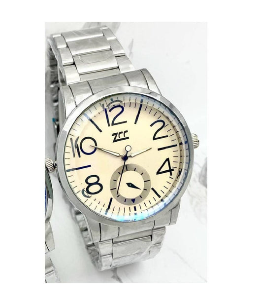 Orologio Polso Zcc Uomo Analogico Acciaio Silver Crono Elegante Quadrante Dorato         