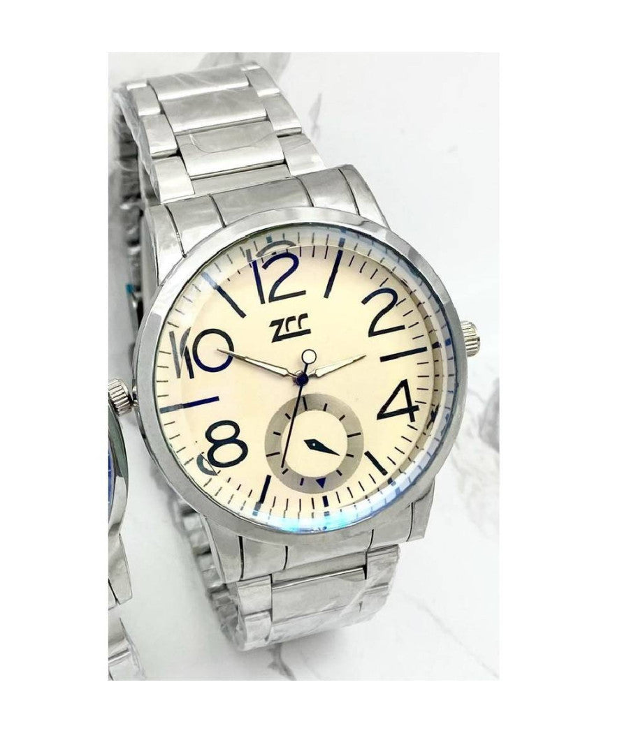 Orologio Polso Zcc Uomo Analogico Acciaio Silver Crono Elegante Quadrante Dorato         