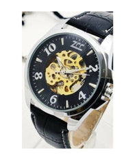 Orologio Polso Zcc Uomo Analogico Automatico Cinturino Pelle Casual Nero Silver         