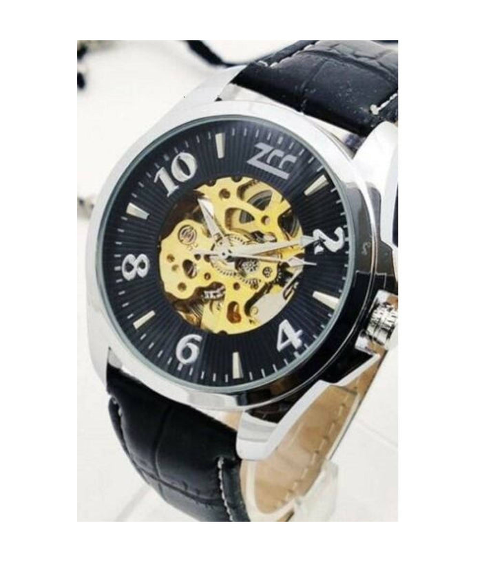 Orologio Polso Zcc Uomo Analogico Automatico Cinturino Pelle Casual Nero Silver         
