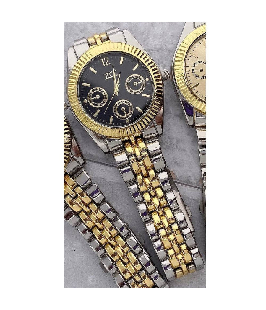 Orologio Polso Zcc Uomo Analogico Calendario Elegante Bicolore Quadrante Nero         