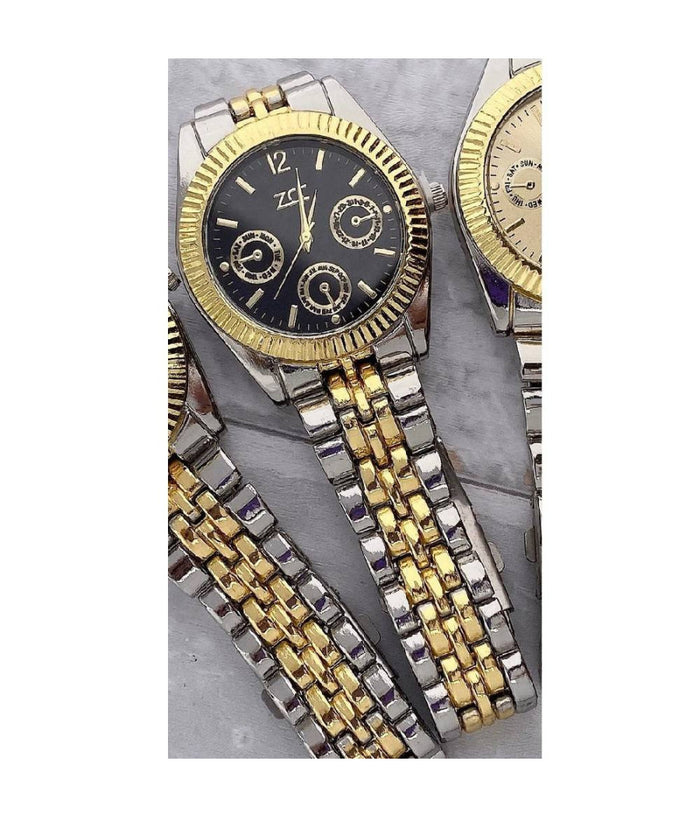 Orologio Polso Zcc Uomo Analogico Calendario Elegante Bicolore Quadrante Nero         