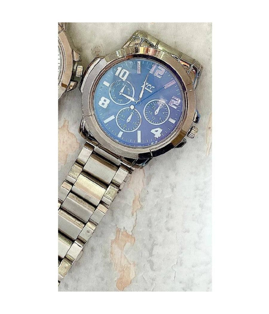 Orologio Polso Zcc Uomo Analogico Cronografo Calendario Acciaio Silver Fondo Blu         