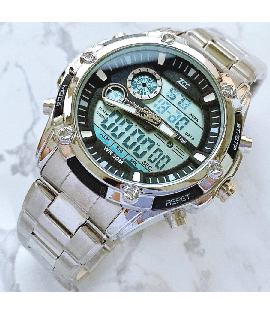 Orologio Polso Zcc Uomo Analogico Digitale Multifunzione Cronografo Silver Nero         