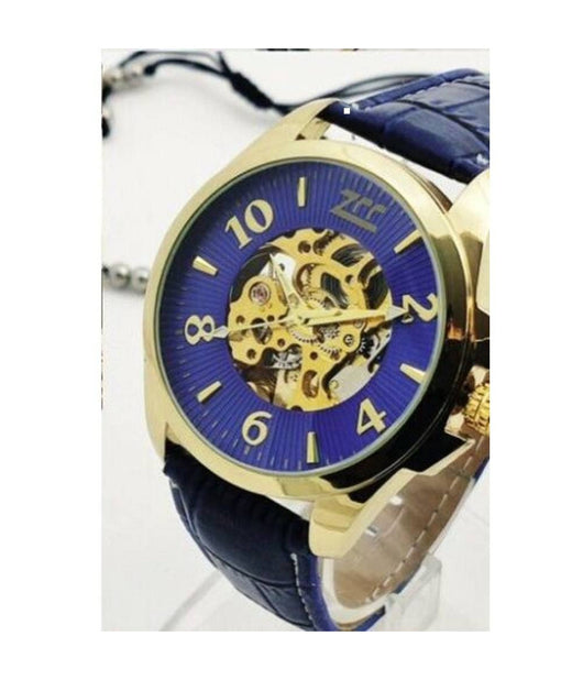 Orologio Polso Zcc Uomo Automatico Analogico Cinturino Pelle Casual Blu Dorato         