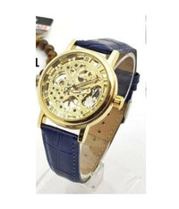 Orologio Polso Zcc Uomo Automatico Cinturino Pelle Casual Blu Quadrante Dorato         