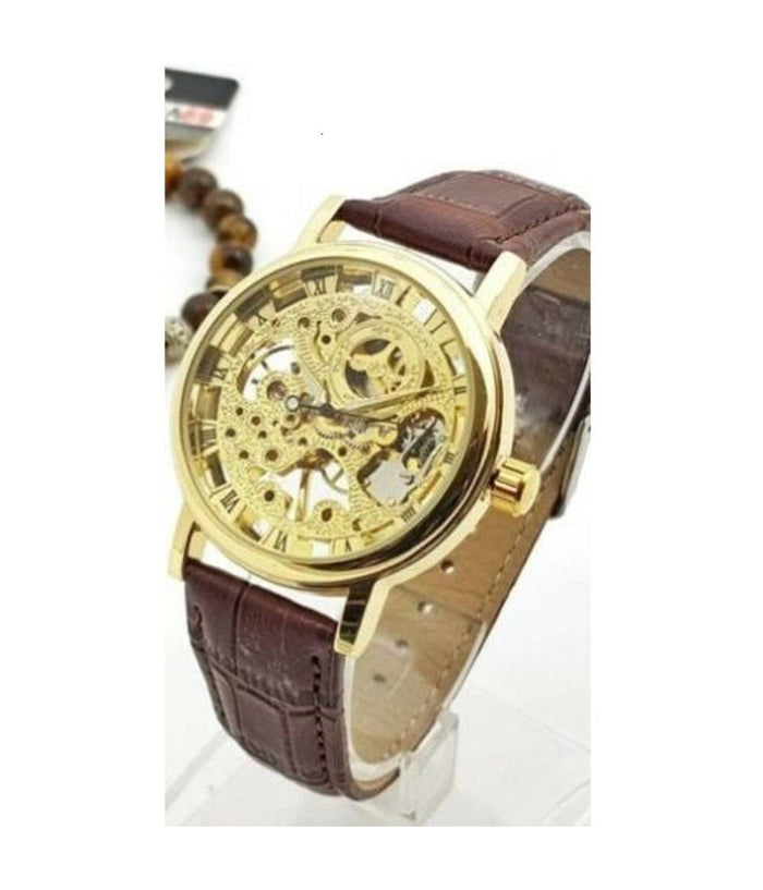 Orologio Polso Zcc Uomo Automatico Cinturino Pelle Casual Marrone Fondo Dorato         