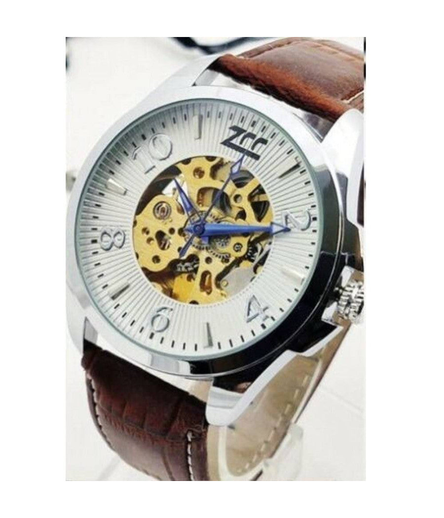 Orologio Polso Zcc Uomo Automatico Cinturino Pelle Casual Marrone Silver Bianco         