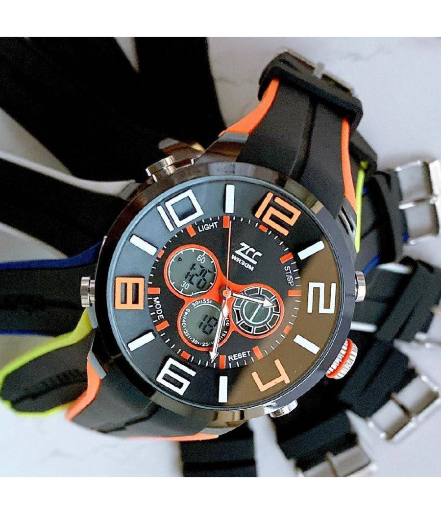 Orologio Polso Zcc Uomo Dual Time Analogico Digitale Sport Sveglia Arancio Nero         