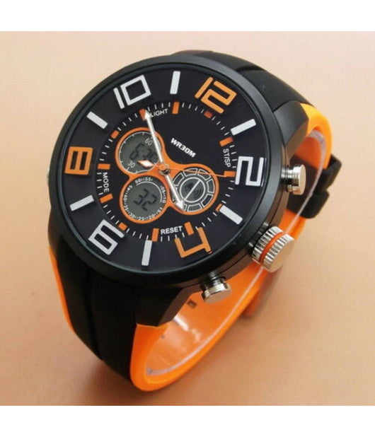 Orologio Polso Zcc Uomo Dual Time Analogico Digitale Sport Sveglia Arancio Nero         