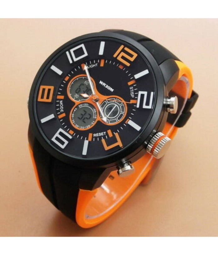 Orologio Polso Zcc Uomo Dual Time Analogico Digitale Sport Sveglia Arancio Nero         