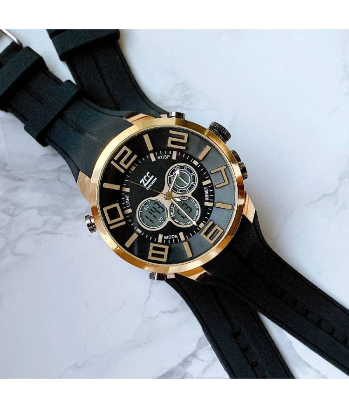 Orologio Polso Zcc Uomo Dual Time Analogico Digitale Sveglia Sport Dorato Nero         