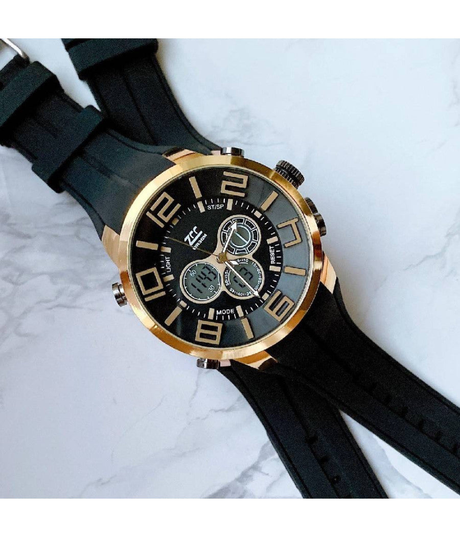 Orologio Polso Zcc Uomo Dual Time Analogico Digitale Sveglia Sport Dorato Nero         