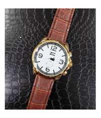 Orologio Polso Zcc Z001 Uomo Oro Automatico Data Cinturino Pelle Marrone Bianco         