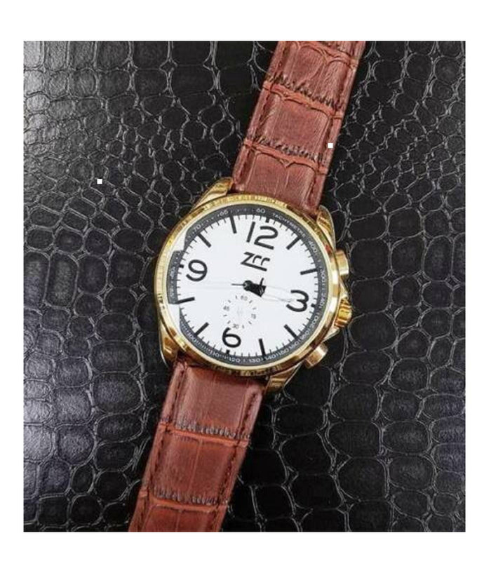 Orologio Polso Zcc Z001 Uomo Oro Automatico Data Cinturino Pelle Marrone Bianco         