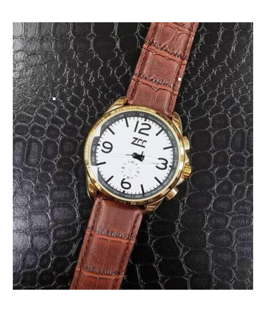 Orologio Polso Zcc Z001 Uomo Oro Automatico Data Cinturino Pelle Marrone Bianco         