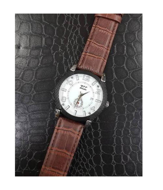 Orologio Polso Zcc Z002 Uomo Compass Automatico Data Cinturino Pelle Marrone Bianco         