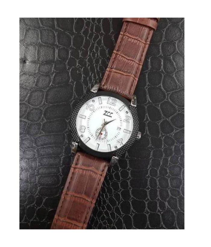 Orologio Polso Zcc Z002 Uomo Compass Automatico Data Cinturino Pelle Marrone Bianco         