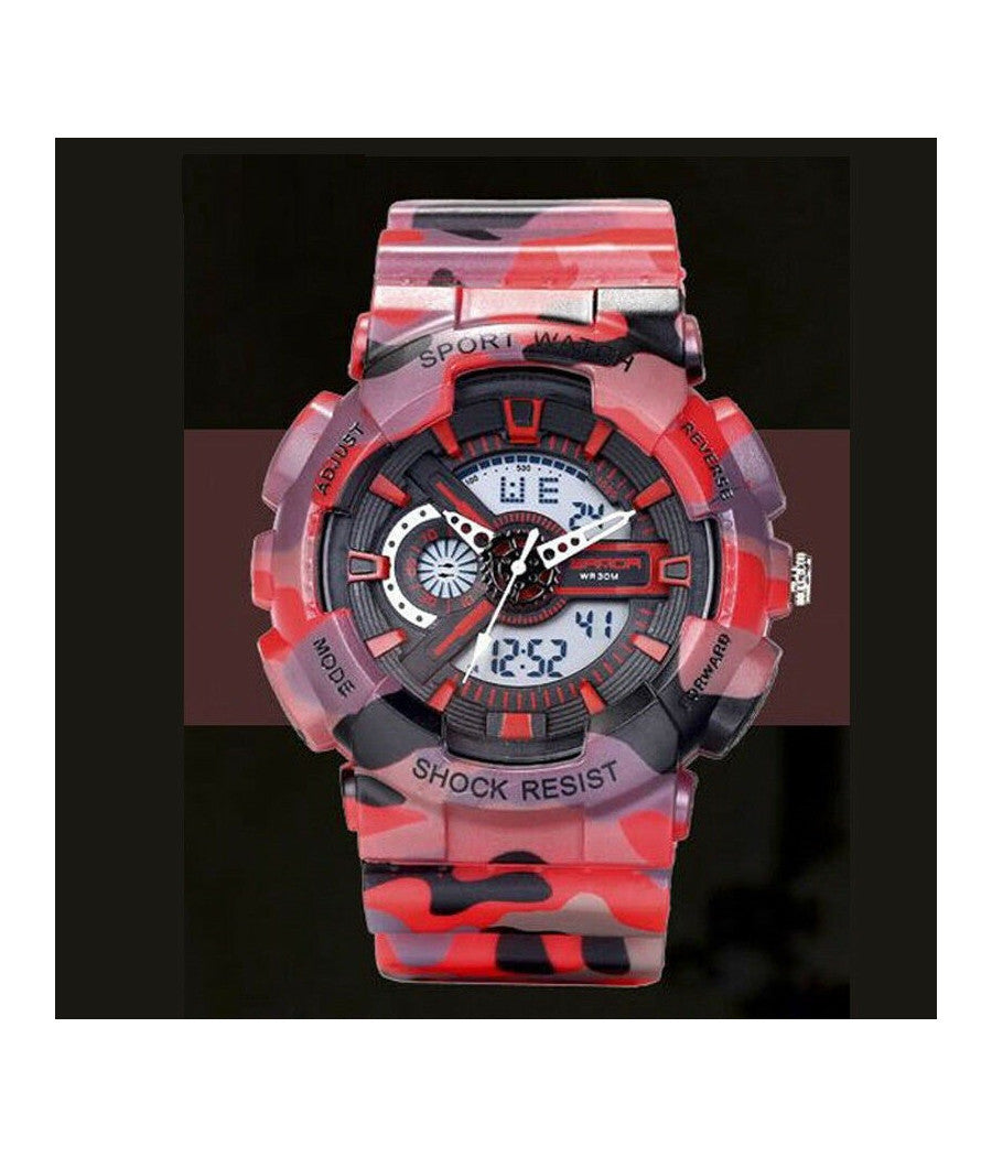 Orologio Sportivo Sanda Uomo Resistente Acqua Cronografo Camouflage Rosso         