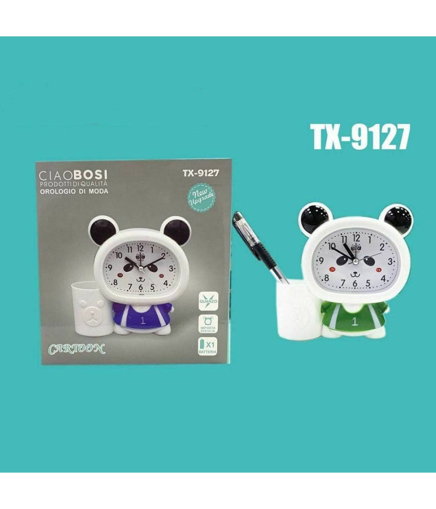 Orologio Sveglia A Forma Di Panda Analogico Con Portapenne Da Tavolo Tx-9127         