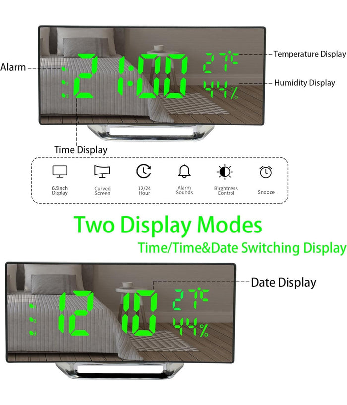 Orologio Sveglia Digitale Con Datario Termometro Display A Specchio Da Tavolo         
