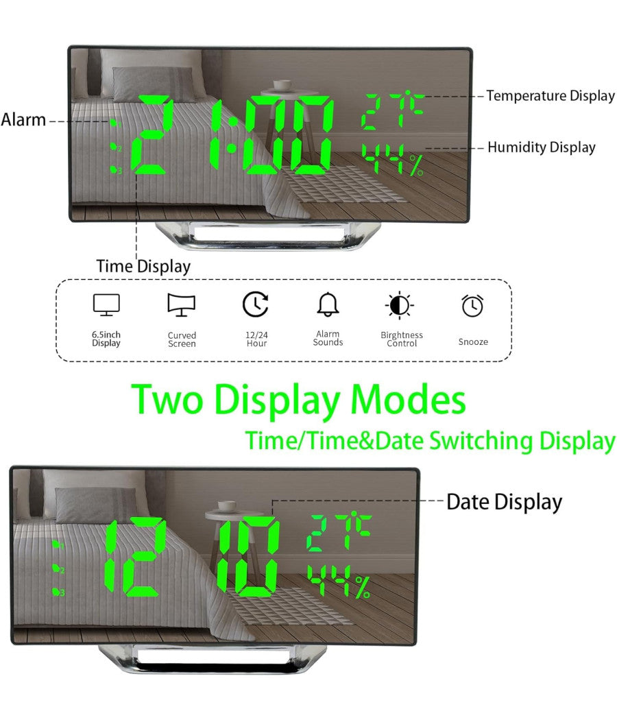 Orologio Sveglia Digitale Con Datario Termometro Display A Specchio Da Tavolo         