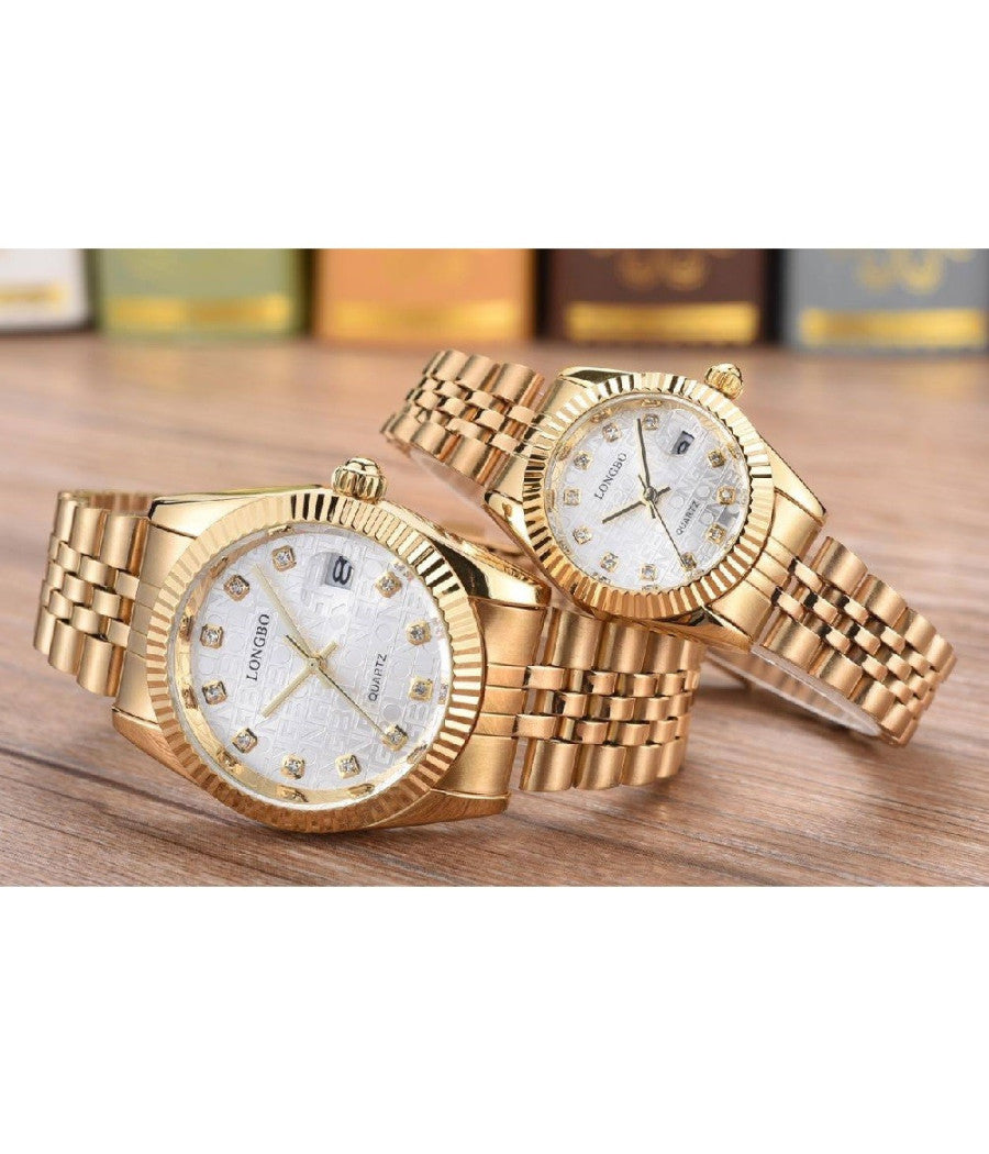 Orologio Uomo Donna Longbo 80435 In Acciaio Con Strass Impermeabile Dorato Bianco         