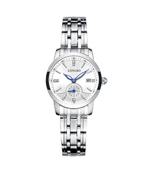 Orologio Uomo Donna Longbo 80436 Analogico Data Acciaio Silver Bianco Lancette Blu         
