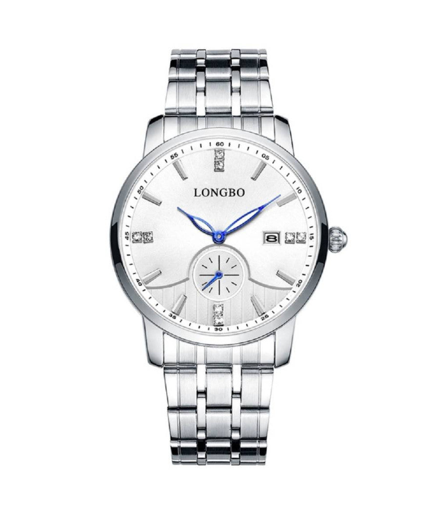 Orologio Uomo Donna Longbo 80436 Analogico Data Acciaio Silver Bianco Lancette Blu    -uomo    -