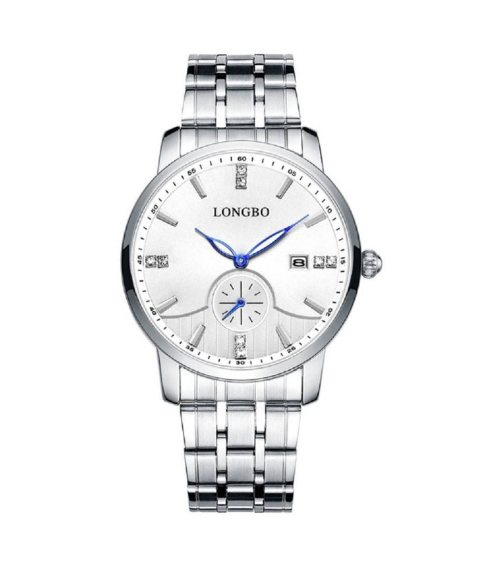 Orologio Uomo Donna Longbo 80436 Analogico Data Acciaio Silver Bianco Lancette Blu         