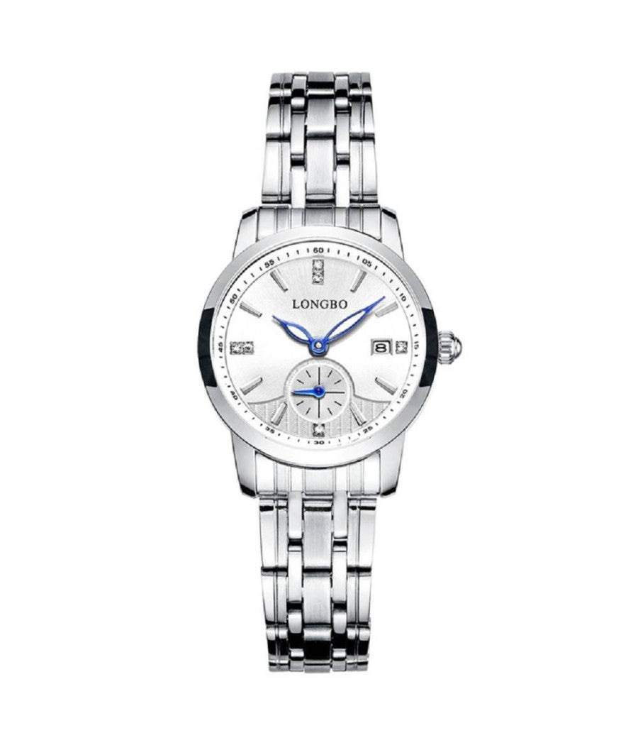 Orologio Uomo Donna Longbo 80436 Analogico Data Acciaio Silver Bianco Lancette Blu    -donna    -