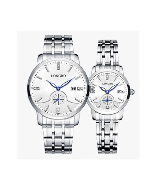 Orologio Uomo Donna Longbo 80436 Analogico Data Acciaio Silver Bianco Lancette Blu         