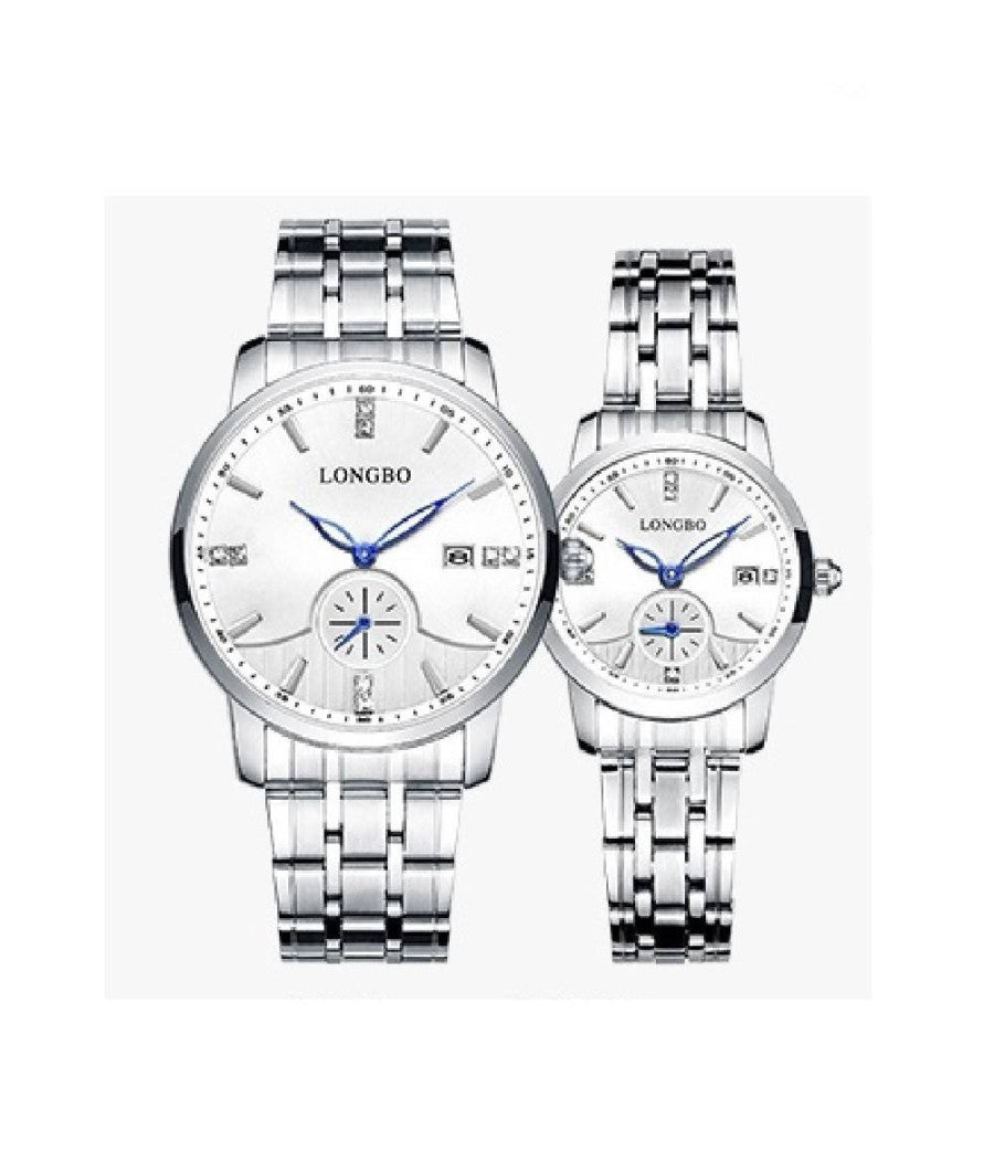 Orologio Uomo Donna Longbo 80436 Analogico Data Acciaio Silver Bianco Lancette Blu         