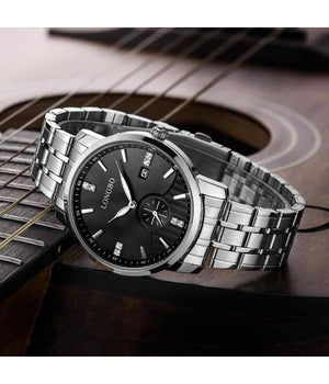 Orologio Uomo Donna Longbo 80436 Analogico Data Impermeabile Acciaio Silver Nero         