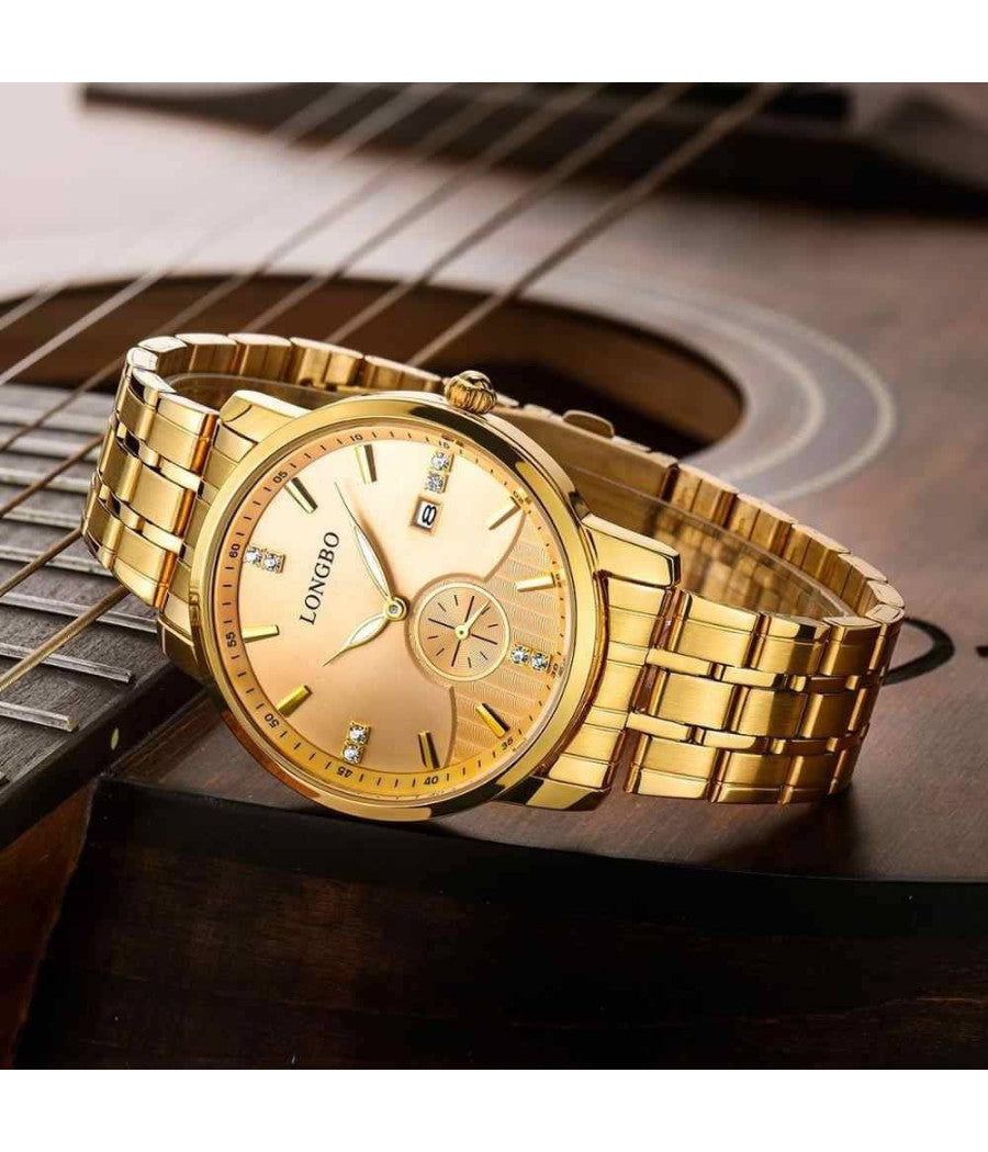 Orologio Uomo Donna Longbo 80436 Crono Analogico Data Impermeabile Acciaio Dorato         