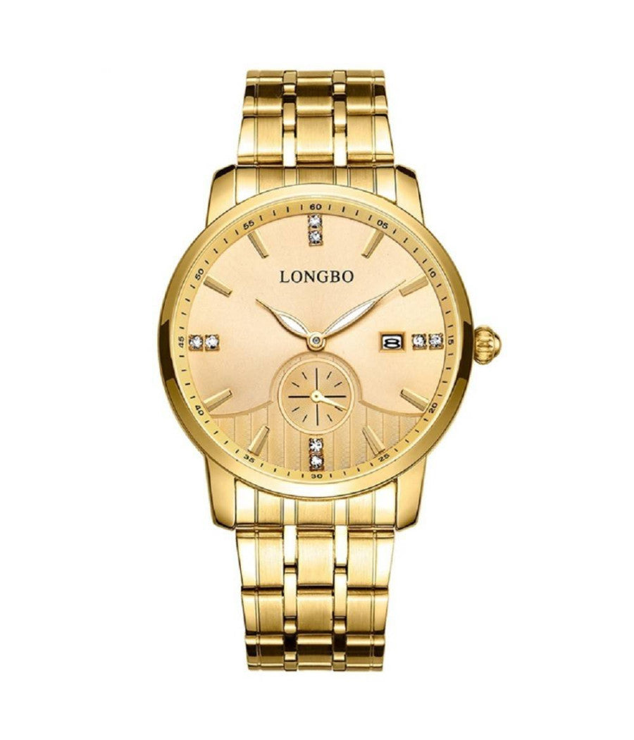 Orologio Uomo Donna Longbo 80436 Crono Analogico Data Impermeabile Acciaio Dorato         