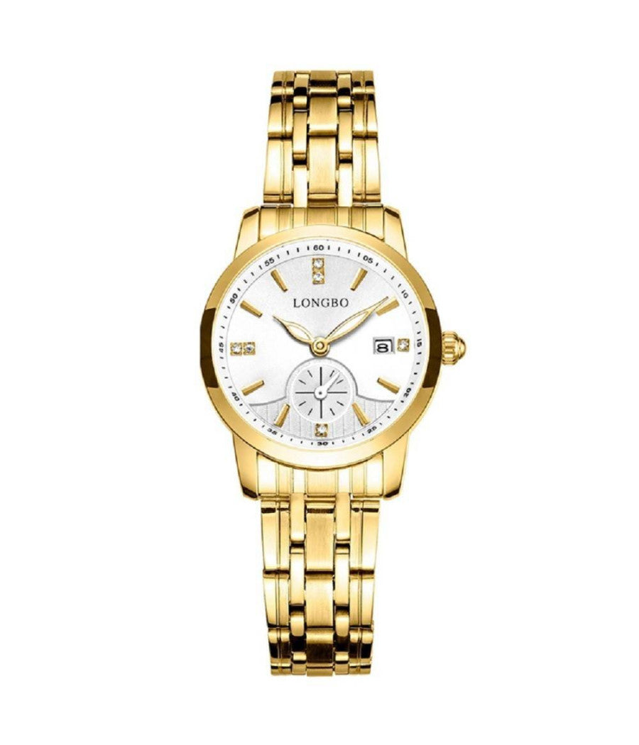 Orologio Uomo Donna Longbo 80436 Crono Data Impermeabile Acciaio Dorato Bianco    -donna    -