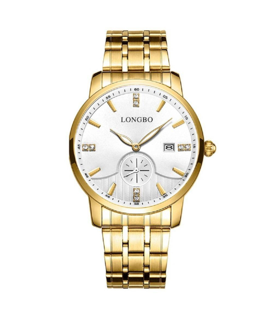 Orologio Uomo Donna Longbo 80436 Crono Data Impermeabile Acciaio Dorato Bianco    -uomo    -