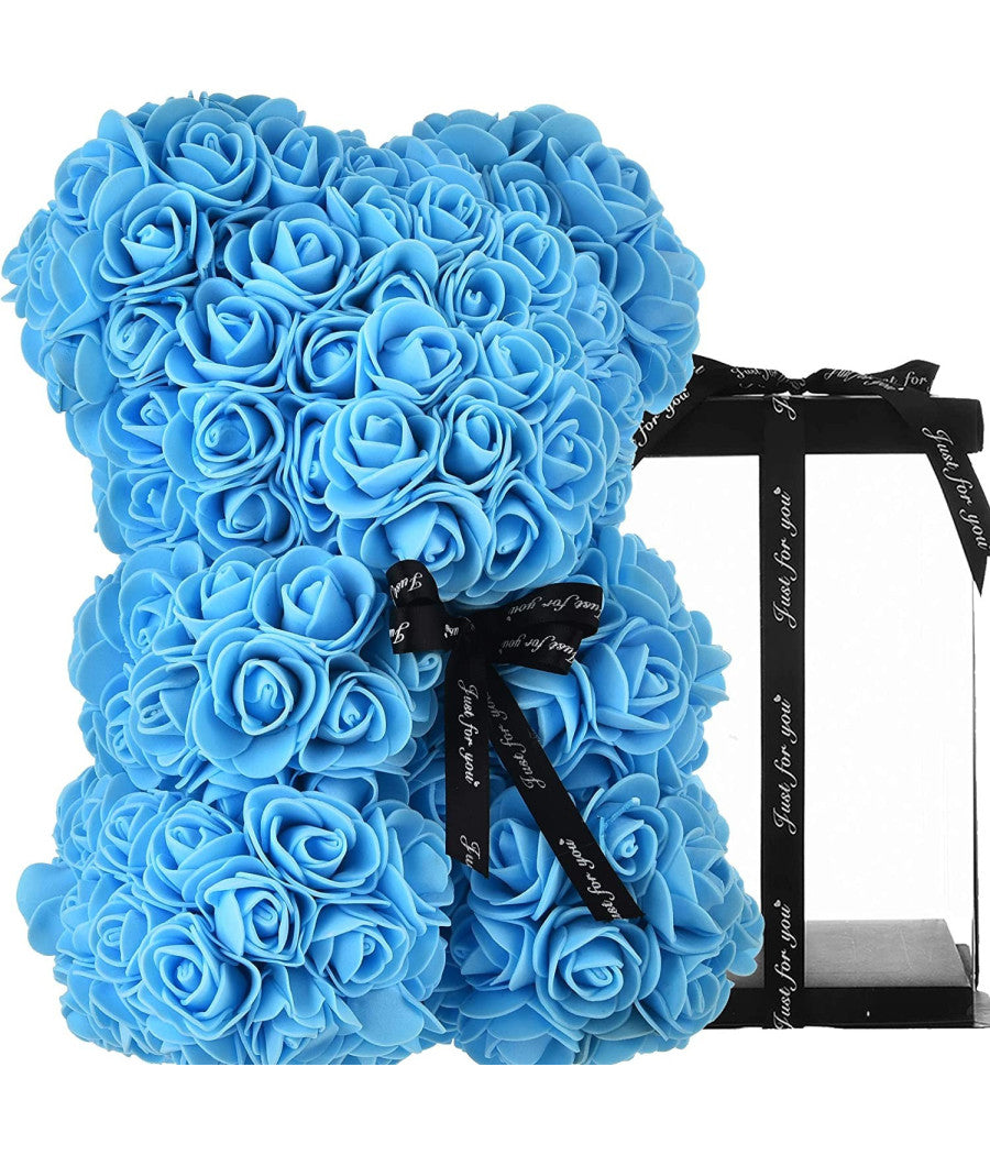 Orsacchiotto Orsetto Orso Di Rose Con Fiori Artificiali Da 25cm San Valentino  Celeste       