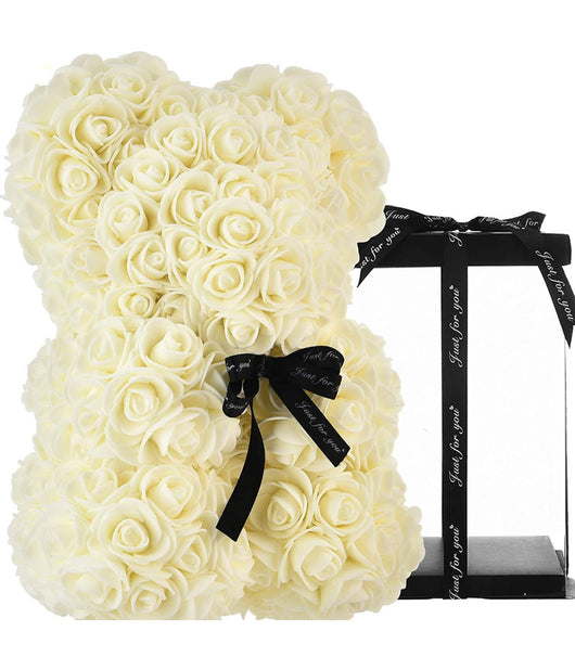 Orsacchiotto Orsetto Orso Di Rose Con Fiori Artificiali Da 25cm San Valentino  Bianco       