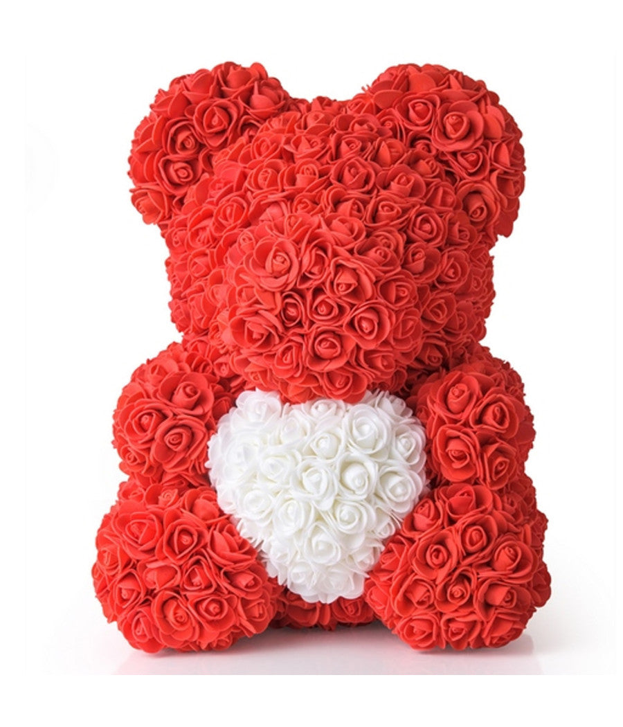 Orsacchiotto Orsetto Orso Di Rose Con Fiori Da 25 Cm Rosso Con Cuore Bianco         
