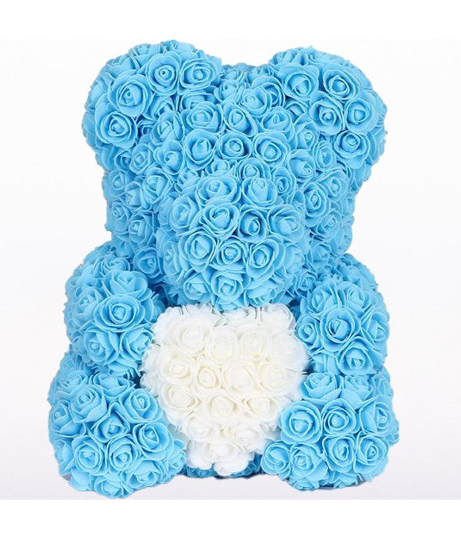 Orsacchiotto Orsetto Orso Di Rose Con Fiori Da 25cm Celeste Con Cuore Bianco         