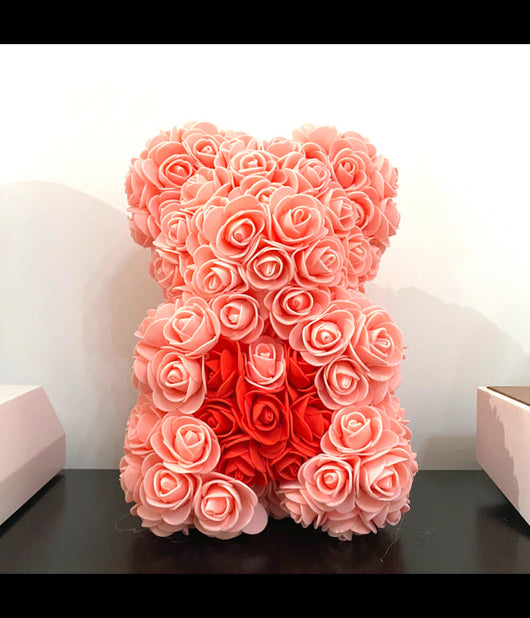 Orsacchiotto Orsetto Orso Di Rose Con Fiori Da 25cm Colore Rosa Con Cuore Rosso         