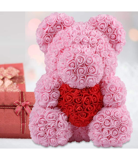 Orsacchiotto Orsetto Orso Di Rose Con Fiori Da 25cm Colore Rosa Con Cuore Rosso         