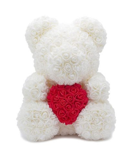 Orsacchiotto Orsetto Orso Di Rose Con Fiori Rose Da 25cm Bianco Con Cuore Rosso         