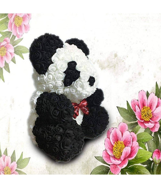 Orsacchiotto Orsetto Panda Di Rose Con Fiori Rose Da 25cm Colore Bianco E Nero         